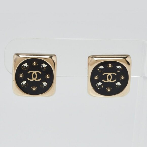 Chanel Gold Metal Resin and Crystal CC Square Stud Earrings - Picture 1 of 3